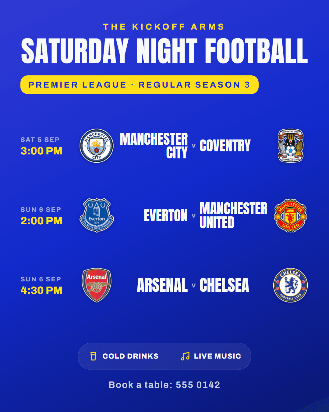 Weekend Lineup poster, Broadcast theme, Arsenal v Chelsea headline fixture