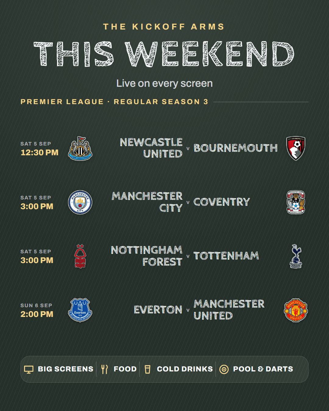 Weekend Lineup poster, Chalkboard theme, four Premier League fixtures