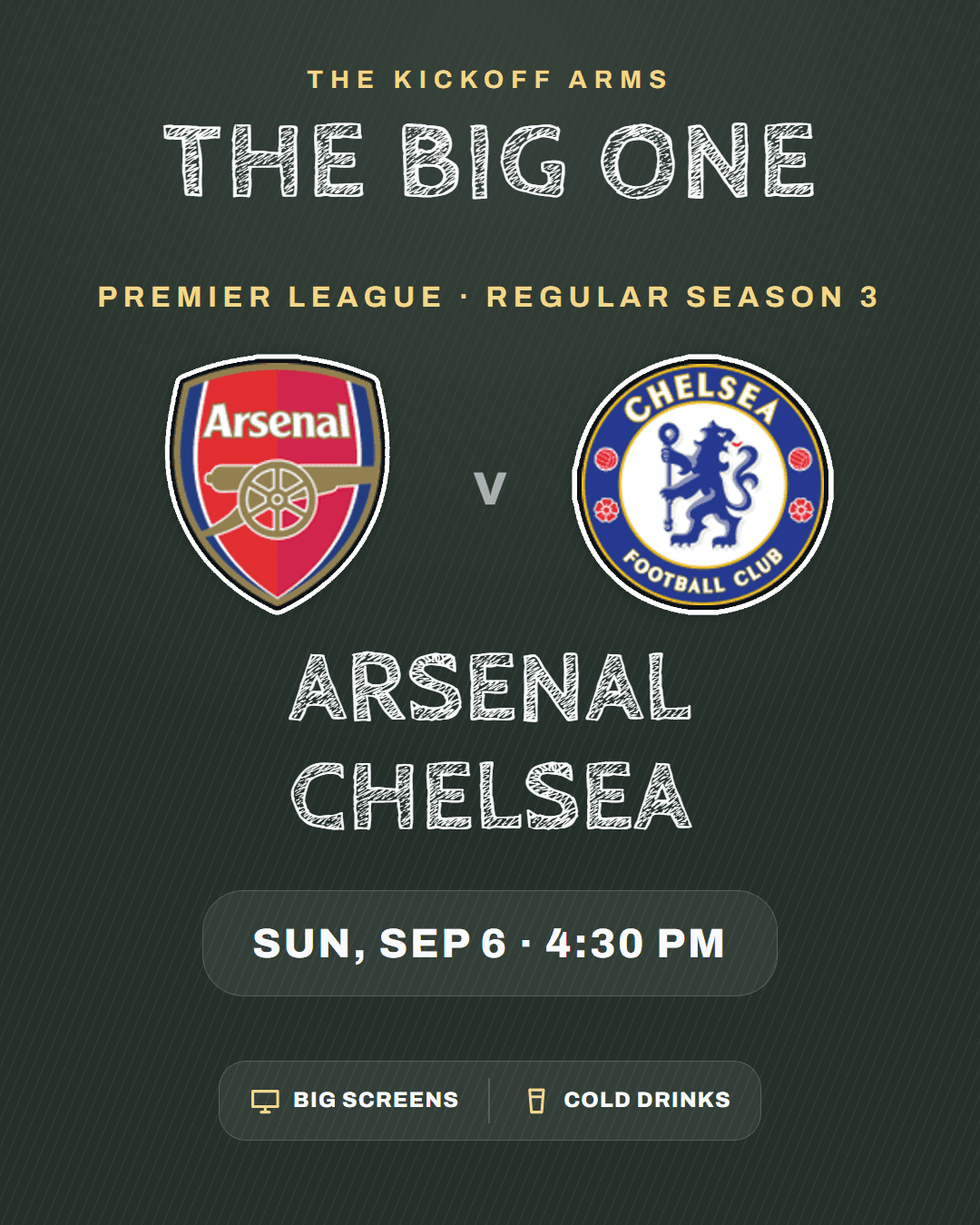 Featured poster, one hero fixture, Arsenal v Chelsea