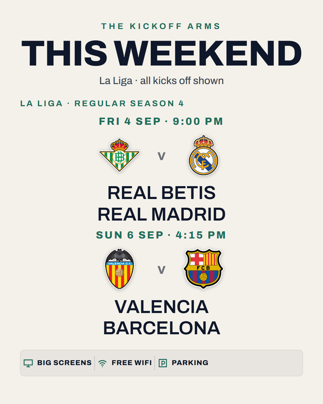 Weekend Lineup poster, Minimal theme, two La Liga fixtures